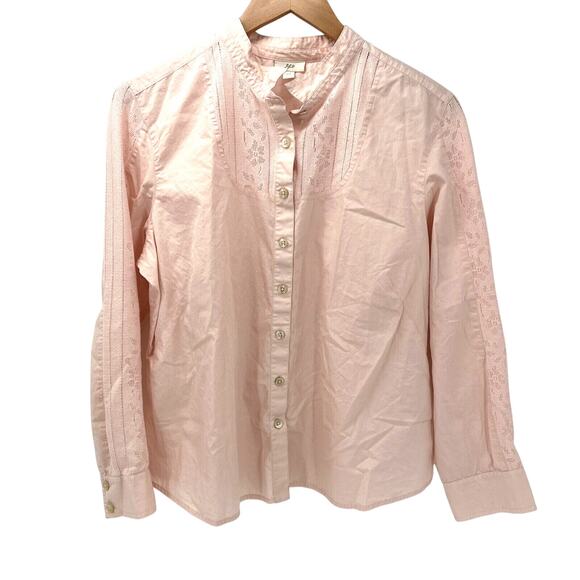 J Jill Blouse Womens Petite Large Lp Pink Button Up Lace Detail Long Sleeves - Picture 1 of 8